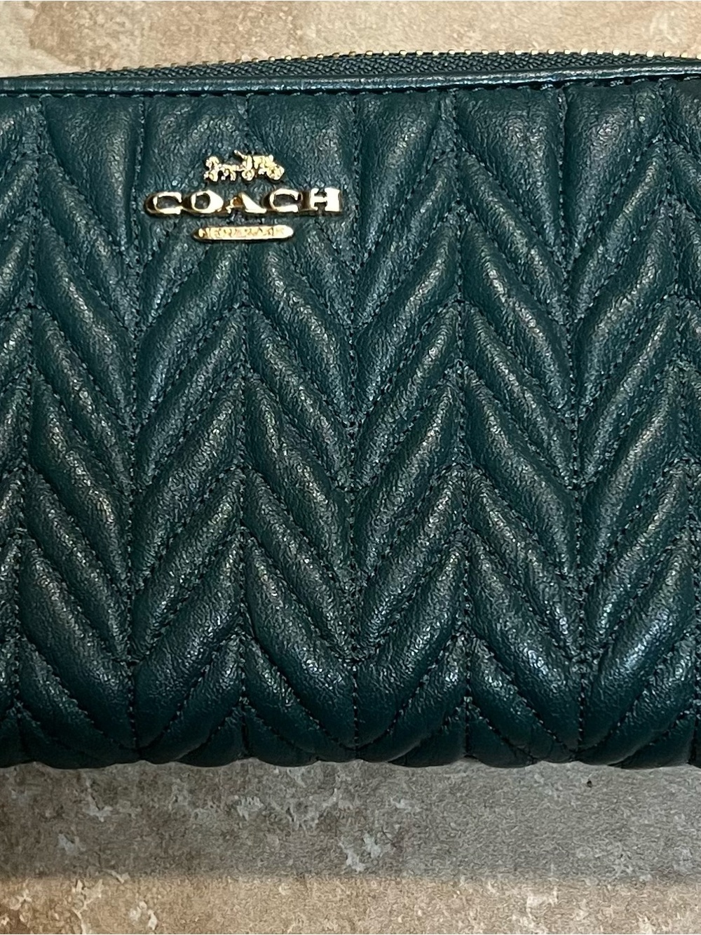 COACH Quilted Chevron Leather Wallet - Forest Green with Gold Logo